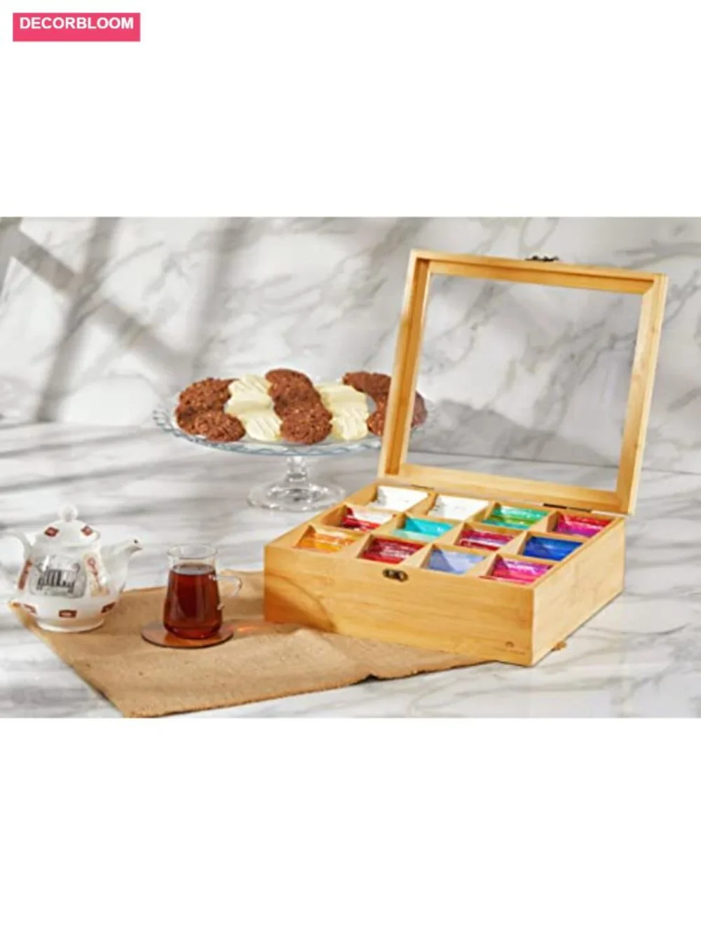 12-Compartment Natural Bamboo Tea Organizer with Acrylic Window